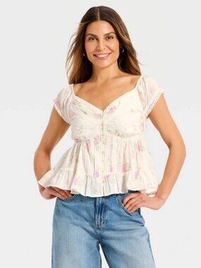 Universal Thread Floral Sleeveless Peplum Blouse With Lace Button Details Size M
